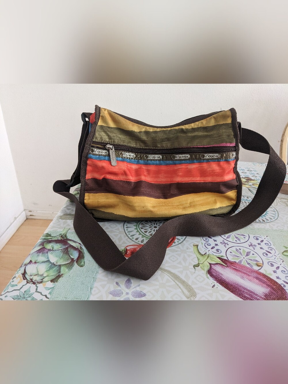 Vintage Lesportsac Striped Crossbody in Mustard, Olive, Coral & Brown